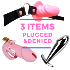 sissy set with 3 items, gag, plug, chastity