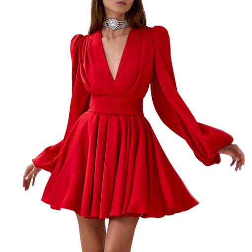 Elegant V-neck Red Dress