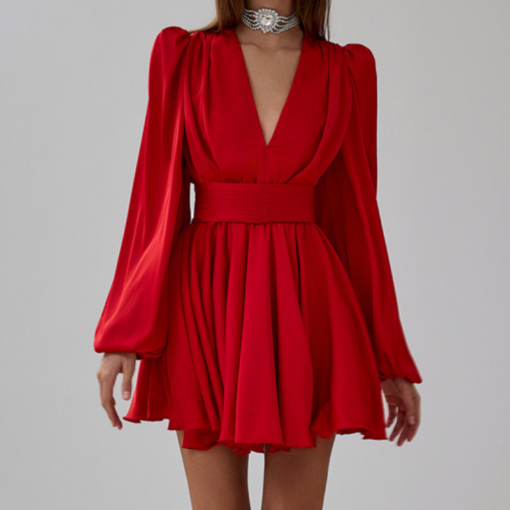 Elegant V-neck Red Dress - Image 2